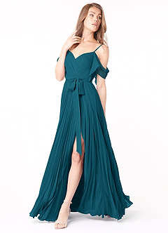 Azazie Lyney Robes de demoiselle d'honneur Robe Trapèze en Mousseline de soie Épaule décolletée Bleu Encre image3
