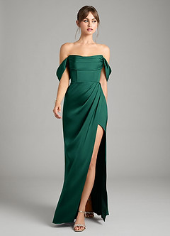 Azazie Johana Bridesmaid Dresses Emerald Mermaid Off the Shoulder Stretch Satin Convertible Dress image5