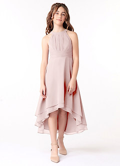 Azazie Linna Junior A라인 쉬폰 비대칭 주니어 신부 들러리 드레스 드레스 image1