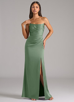 Azazie Marla Vestidos de damas de honor Vestido de Matcha de Satén Elástico de Corte Recto Convertible con Sin tirantes image3