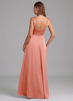 Azazie Rosaline Bridesmaid Dresses Coral A-Line Side Slit Stretch Satin Dress image2