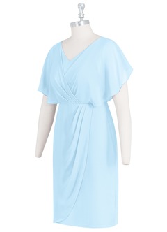Azazie Julia Mère de la mariée Robes Robe Fourreau en Mousseline de soie Col V plissé Bleu Ciel image8