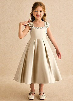 Azazie Yosemite Jurken voor bloemenmeisjes Baljurk Jurk van Mat Satijn Sweetheart Halslijn Champagne image1