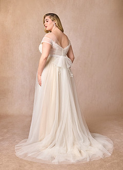 Azazie Cindy Wedding Dresses A-Line Illusion Off-The-Shouler Lace Tulle Chapel Train Dress image13