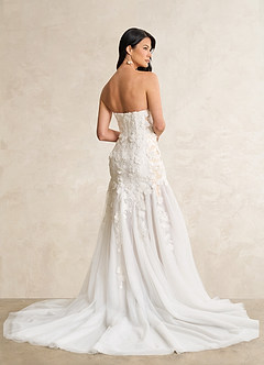 Azazie Priscilla Wedding Dresses Diamond White Champagne Mermaid Lace Tulle Dress image5