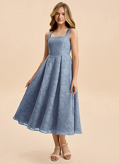 Azazie Amalie Junior Vestido de Azul Polvoriento de Devorado Floral de Corte en A con Volante image1