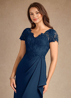 Azazie Santa Ana Mother of the Bride Dresses Dark Navy A-Line Lace Stretch Satin Dress image8