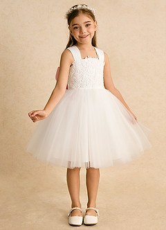 Azazie Dimple Flower Girl Dresses Ivory Rosette Ball-Gown Lace Tulle Dress image2