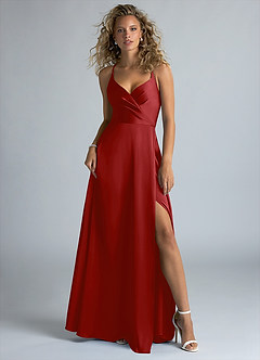 Azazie Davis Bridesmaid Dresses Pomegranate A-Line Pleated Stretch Satin Dress image2