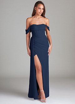 Azazie Amyra Robes de demoiselle d'honneur Robe Fourreau Convertible en Mousseline de soie Épaule décolletée Bleu Marine Foncé image4