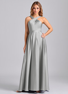 Azazie Dixie Bridesmaid Dresses Silver A-Line Pleated Stretch Satin Dress image1
