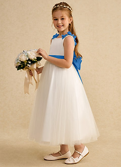 Azazie Lilli Flower Girl Dresses Ivory Blue Jay A-Line Bow Tulle Dress image4