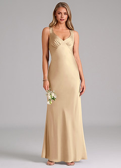 Azazie Kamila Bridesmaid Dresses Champagne A-Line Pleated Stretch Satin Dress image1