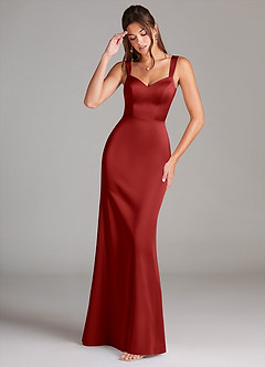 Azazie Denice Bridesmaid Dresses Pomegranate Sheath Pleated Stretch Satin Dress image1
