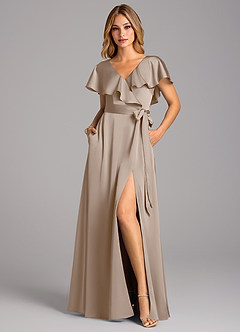 Azazie Lainey Bridesmaid Dresses Taupe A-Line with Pockets Stretch Satin Dress image4