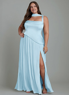 Azazie Stephanie Vestidos de damas de honor Vestido Azul Cielo de Satén Elástico de Línea A con Plisado image15