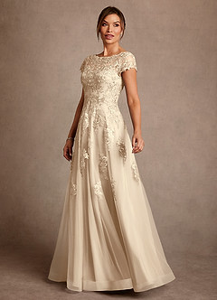 Azazie Jalinda Mother of the Bride Dresses Champagne A-Line Lace Chiffon Dress image4