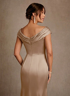 Azazie Aberdeen Mother of the Bride Dresses Taupe Sheath Pleated Stretch Satin Dress image5