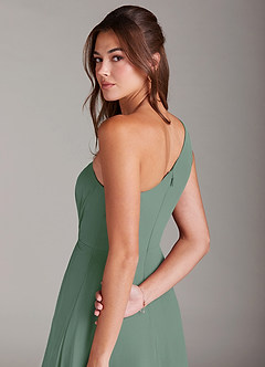 Azazie Brooke Vestidos de damas de honor Vestido de Eucalipto de Gasa de Corte en A con Hombro unilateral image6