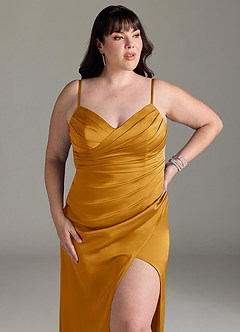 Azazie Yola Brautjungfernkleider Wandelbar Etui Plissee mit V-Ausschnitt Stretch-Satin Kleid Butterscotch image14