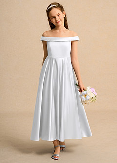 Azazie Teeny Junior Formal vestidos de niña de las flores Vestido de Blanco de Satin Mate de Corte En A con Plisado image3