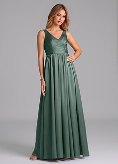 Azazie Keyla 신부 들러리 드레스 A라인 주름진 스트레치 새틴 바닥 길이 드레스 image6