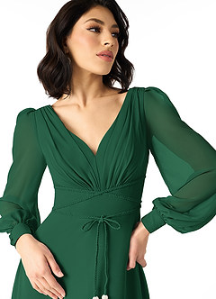 Azazie Sage Schlussverkauf A-Linie Langarm Chiffon Kleid Dunkelgrün image4