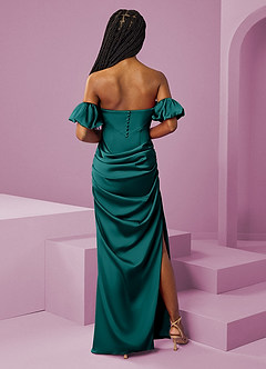 Barbie ♥ Azazie Robes de demoiselle d'honneur Robe Fourreau Convertible en Satin extensible Épaule décolletée Paon image9