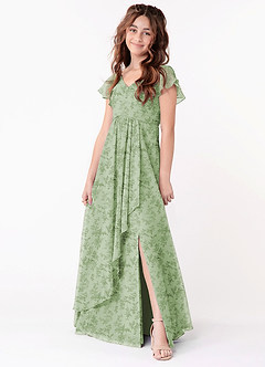 Azazie Omari Junior Abito A-Line in Chiffon Increspato Green Fern Floral image1