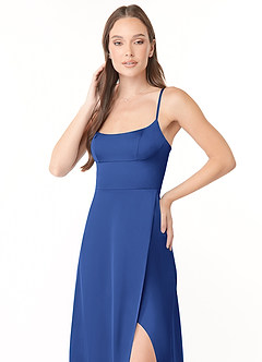 Azazie Halsey Abiti da Damigella Abito Tubino in Raso Elasticizzato Spacco Laterale Blu Reale image6