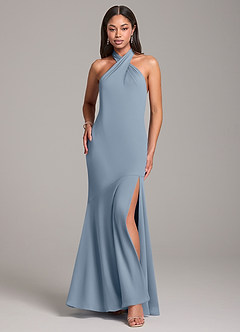 Azazie Lorena At-home Try On Dresses Dusty Blue Mermaid Pleated Chiffon Dress image1