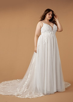 Azazie Arabelle Wedding Dresses Diamond White A-Line V-Neck Lace Tulle Dress image8