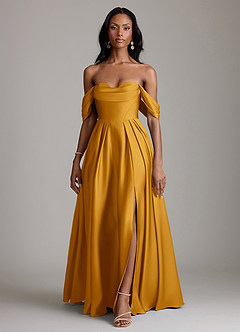 Azazie Loisa Abiti da Damigella Abito A-Line in Raso Elasticizzato a Spalla Scoperta Caramello image7