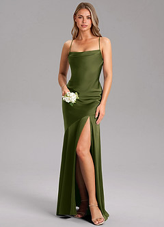 Azazie Grata Bridesmaid Dresses Bright Olive Mermaid Side Slit Stretch Satin Dress image1