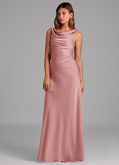 Azazie Nerine Vestidos de damas de honor Vestido de Rosa Polvorienta de Satén Elástico de Corte en A con Plisado image1