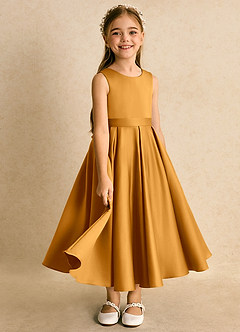 Azazie Junebuj Flower Girl Dresses Butterscotch Ball-Gown Pleated Matte Satin Dress image2