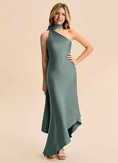 Azazie Briony Junior Vestido Musgo Marinho de Cetim elástico de Bainha com Plissado image3