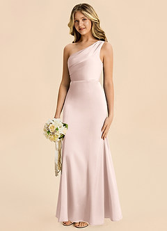 Azazie Ren Junior Blushing Pink A-Line Pleated Stretch Satin Dress image2