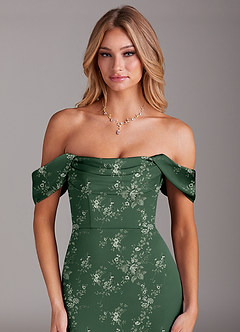 Azazie Saige Bridesmaid Dresses Eucalyptus Garden Floral Sheath Off the Shoulder Stretch Satin Dress image7