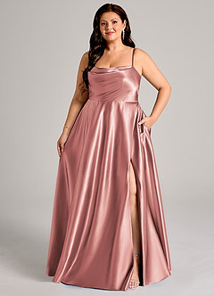 Azazie Elle Bridesmaid Dresses Dusty Rose A-Line with Pockets Metallic Satin Dress image1