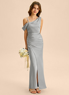 Azazie Madelyn Junior Jurk van Stretch Satijn met Kolom Off the Shoulder Zilver image4