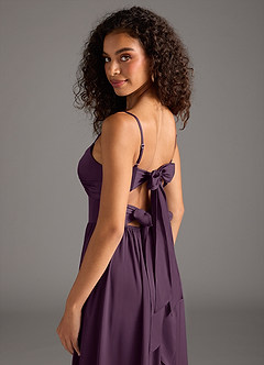 Azazie Zeya Bridesmaid Dresses Plum A-Line Pleated Stretch Satin Dress image5