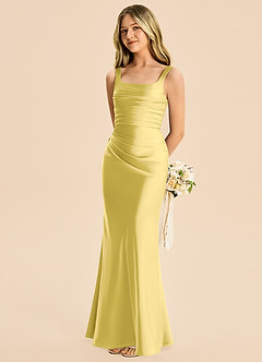 Azazie Agustina Junior Canary Sheath Pleated Stretch Satin Dress image1