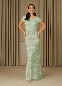 Azazie Dorit Mother of the Bride Dresses Dusty Sage Champagne Sheath Scoop Lace Dress image1