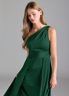 Azazie Dallas Bridesmaid Dresses Dark Green A-Line One Shoulder Stretch Satin Dress image6