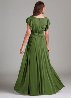 Azazie Daphne Modest Bridesmaid Dresses A-Line Ruched Mesh Floor-Length Dress image2
