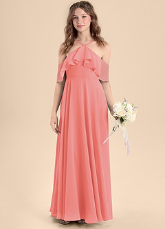 Azazie Tessabelle Junior Coral A-Line Off the Shoulder Chiffon Dress image4