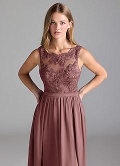 Azazie Elly Bridesmaid Dresses Vintage Mauve A-Line Lace Stretch Satin Dress image5
