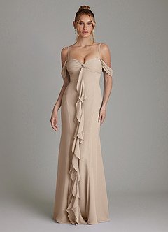 Azazie Karmela Bridesmaid Dresses Taupe A-Line Off the Shoulder Chiffon Dress image4