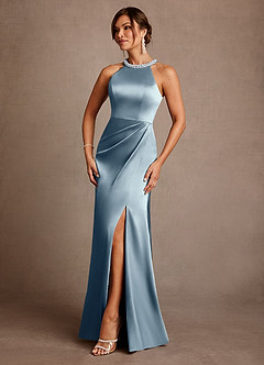 Azazie Lawrence Abiti per la Madre della Sposa Abito A-Line in Raso Elasticizzato Plissettato Blu Polveroso image2